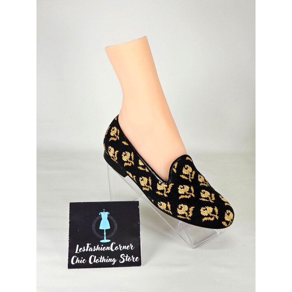 Zalo Women's Black/Yellow Flowers Print With Black Leather Trim Loafers Sz 8 195 - Picture 12 of 15